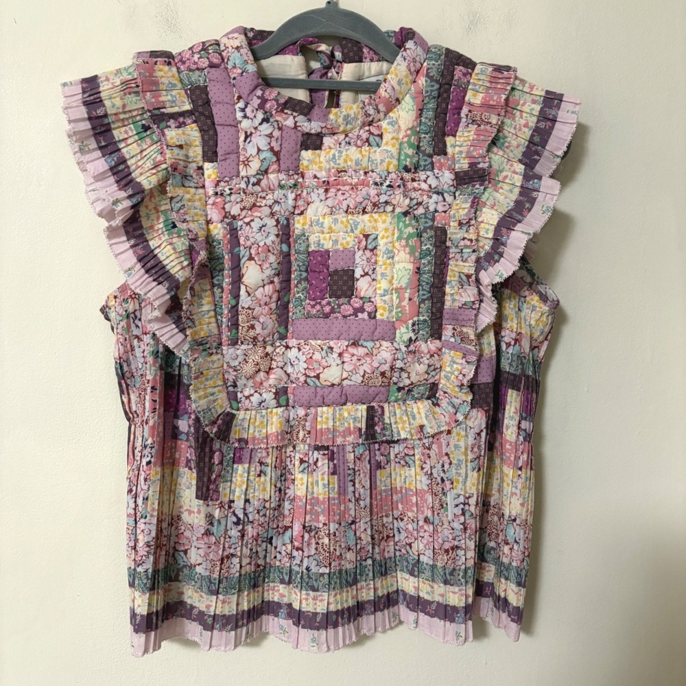 Sea New York Womens Small Naya Print Pleated Top Multicolor Patchwork Quilted